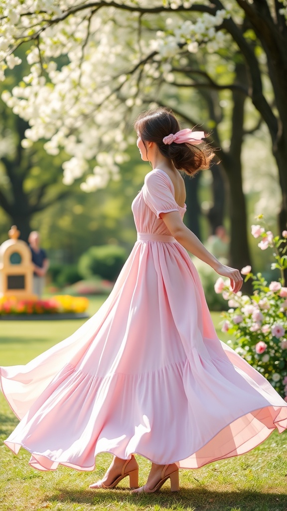 A woman in a flirty pink midi dress twirling in a garden.