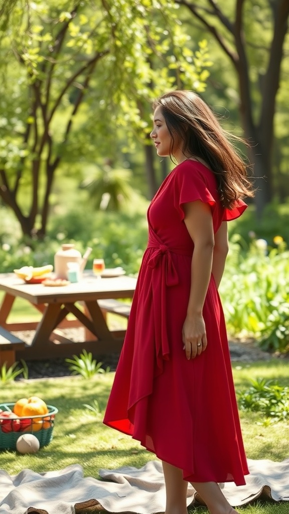 A woman in a flirty red wrap dress standing in a green park, embodying summer style.
