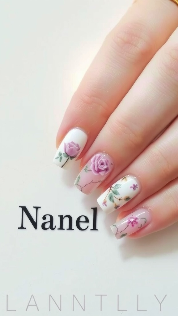 Nail art featuring floral accents with roses and small flowers on a white background.