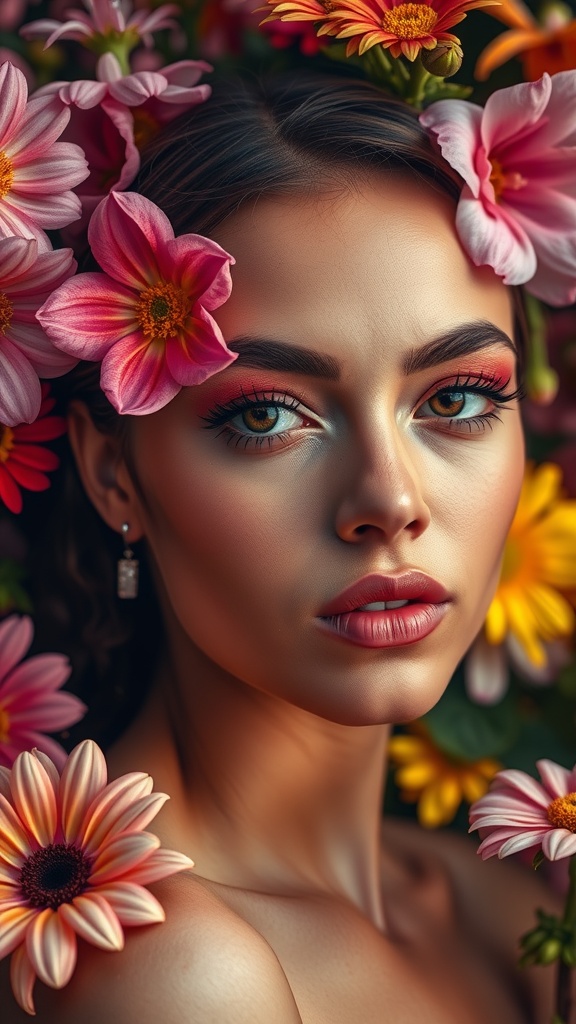 A model with floral accents in her makeup, surrounded by colorful flowers.