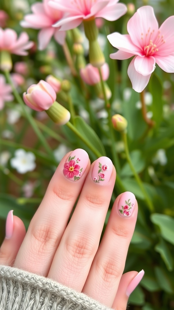 A hand with pink floral nail designs surrounded by pink flowers.