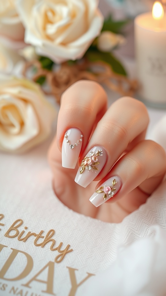 Elegant white birthday nails with floral accents and sparkling gems