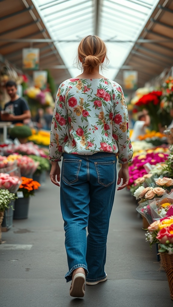 A woman wearing a floral blouse and baggy jeans walking through a flower market.