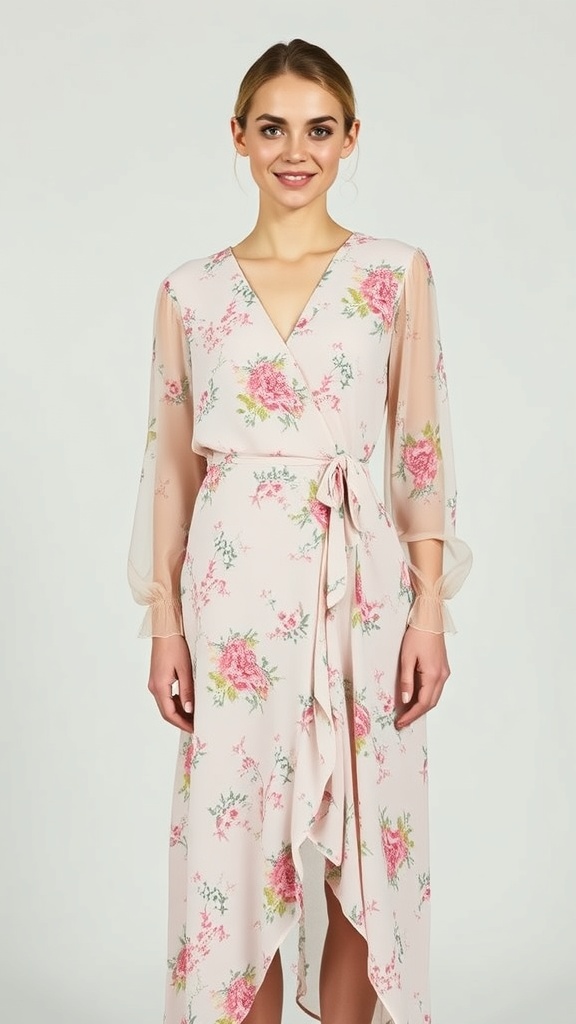 A model wearing a floral chiffon long sleeve maxi dress with a wrap skirt.