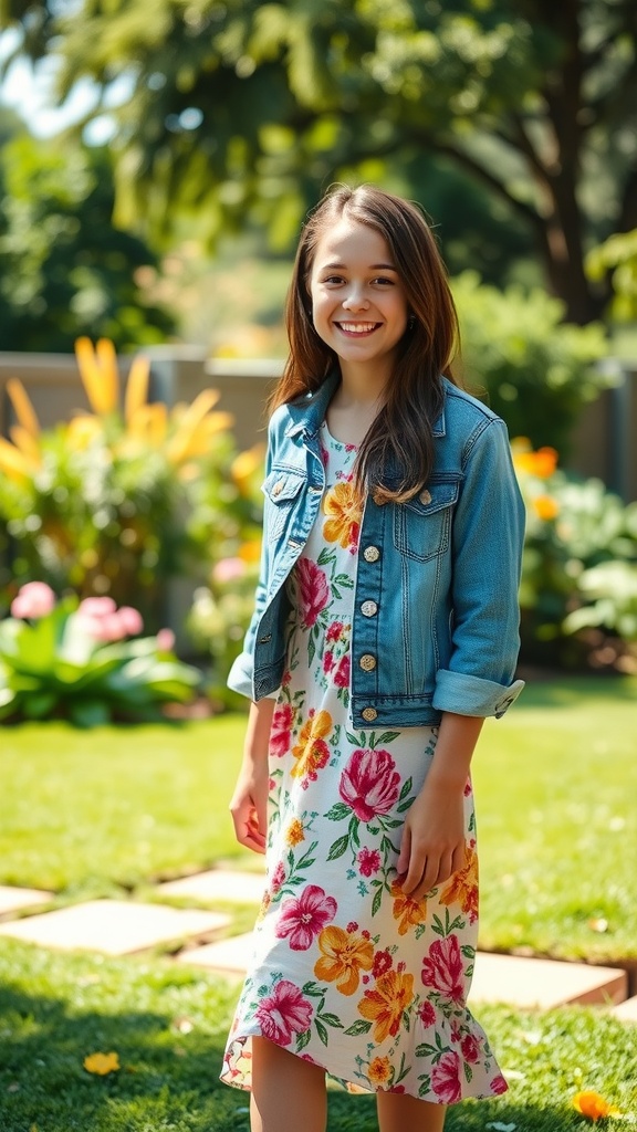 A girl wearing a floral dress and denim jacket, smiling in a garden setting.