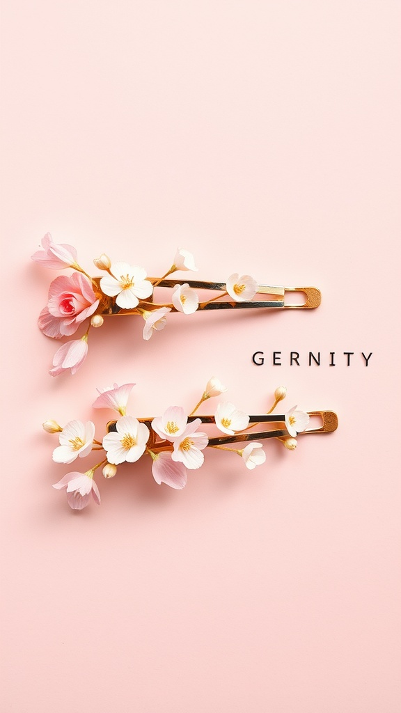 Two floral embellished hair clips with pink and white flowers on a pink background