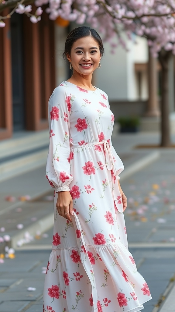 A woman wearing a floral long sleeve dress with a flowy skirt, smiling in a picturesque outdoor setting.