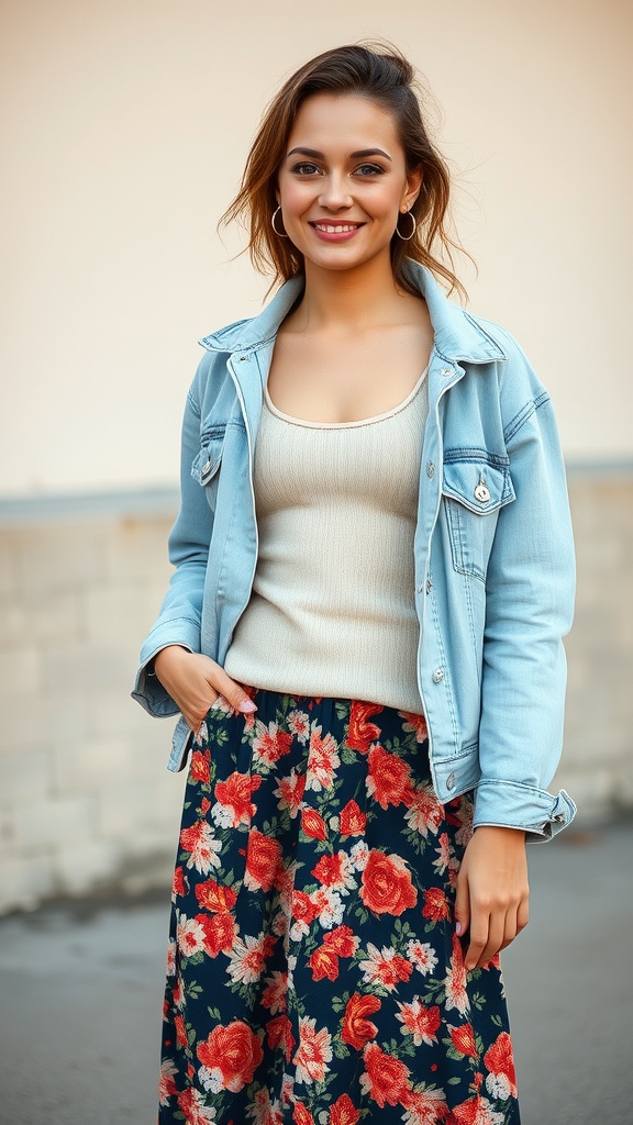 A woman smiling in a floral maxi skirt and denim jacket, showcasing a cozy fall outfit.