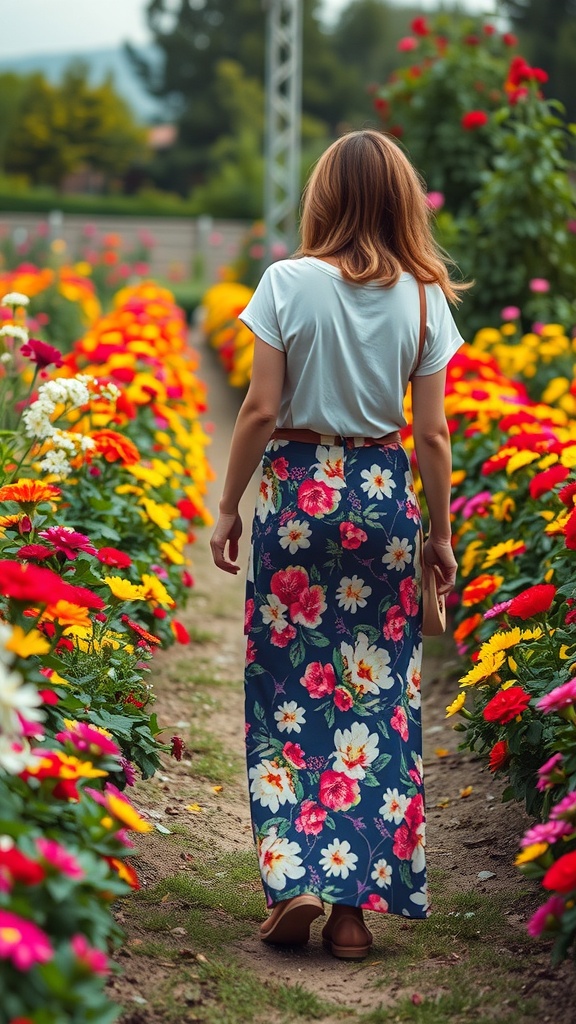 A woman walking through a flower field wearing a floral maxi skirt and a simple tee.