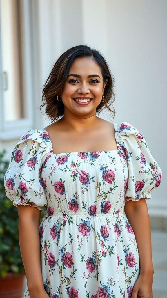 A smiling woman wearing a floral midi dress with puff sleeves, standing outdoors.
