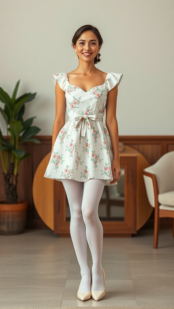 A woman wearing a floral mini dress with ruffled sleeves and white tights, showcasing a 60s babydoll aesthetic.