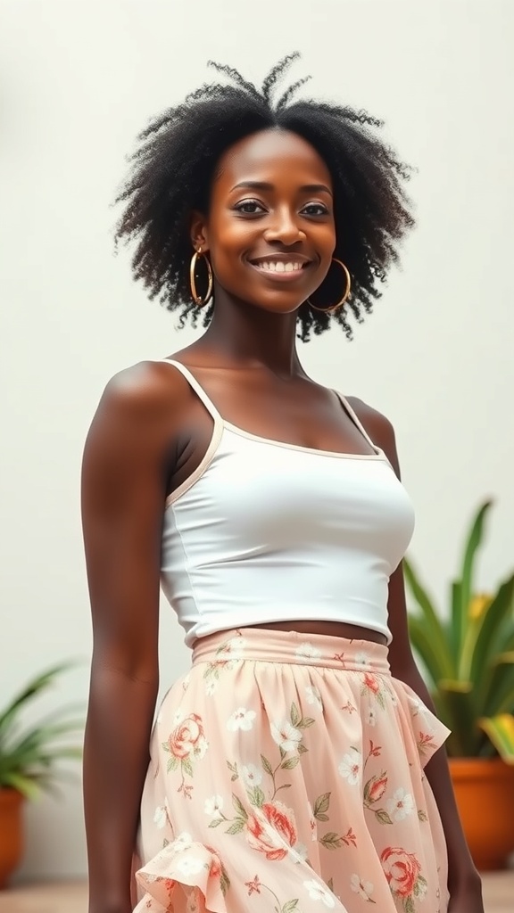 A woman smiling in a floral mini skirt and cropped tank top.