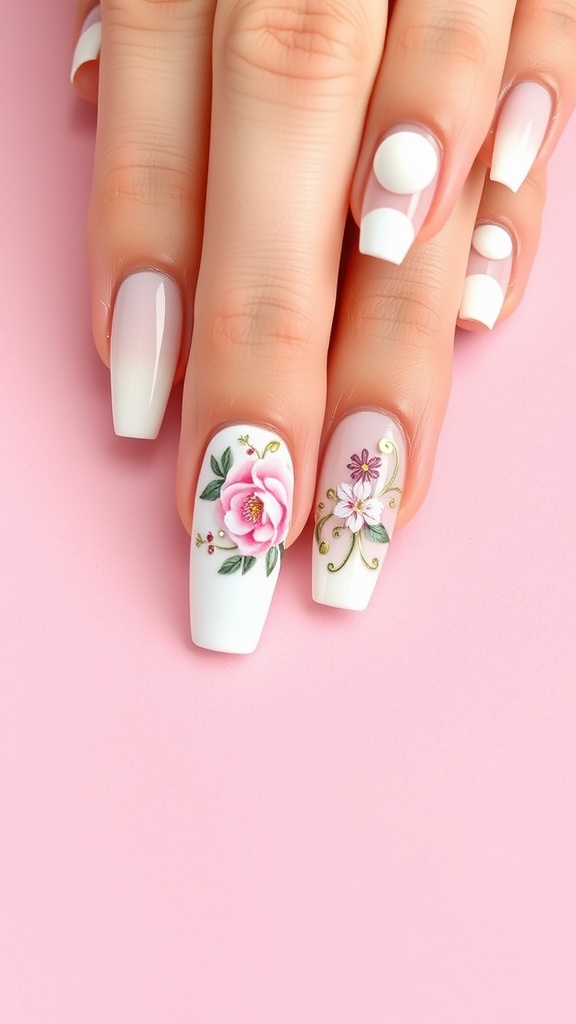 Close-up of hands with white French nails featuring floral designs on a pink background.