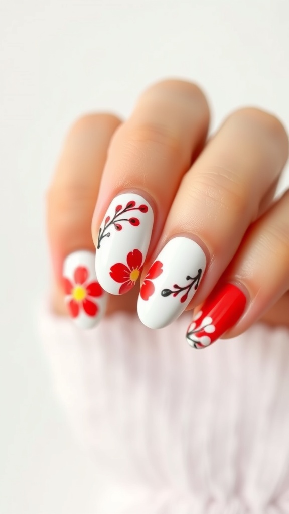 Floral neon red nail design on a white background with flowers