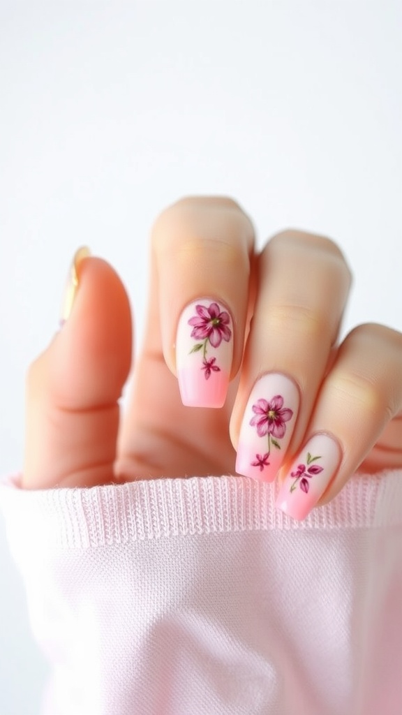 Close-up of hands with floral ombre nails featuring hand-painted flowers in pink and green.