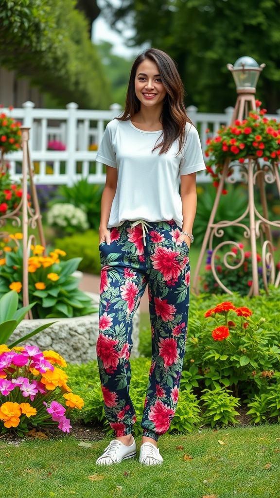 A woman wearing floral jogger pants and a white t-shirt, standing in a garden with colorful flowers.