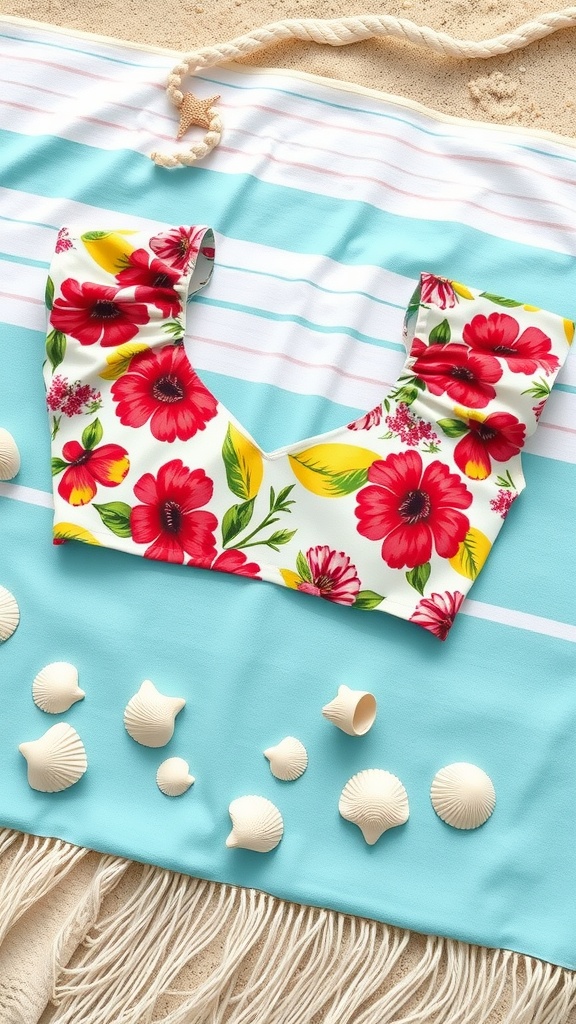 Floral print crop top on a beach towel with seashells
