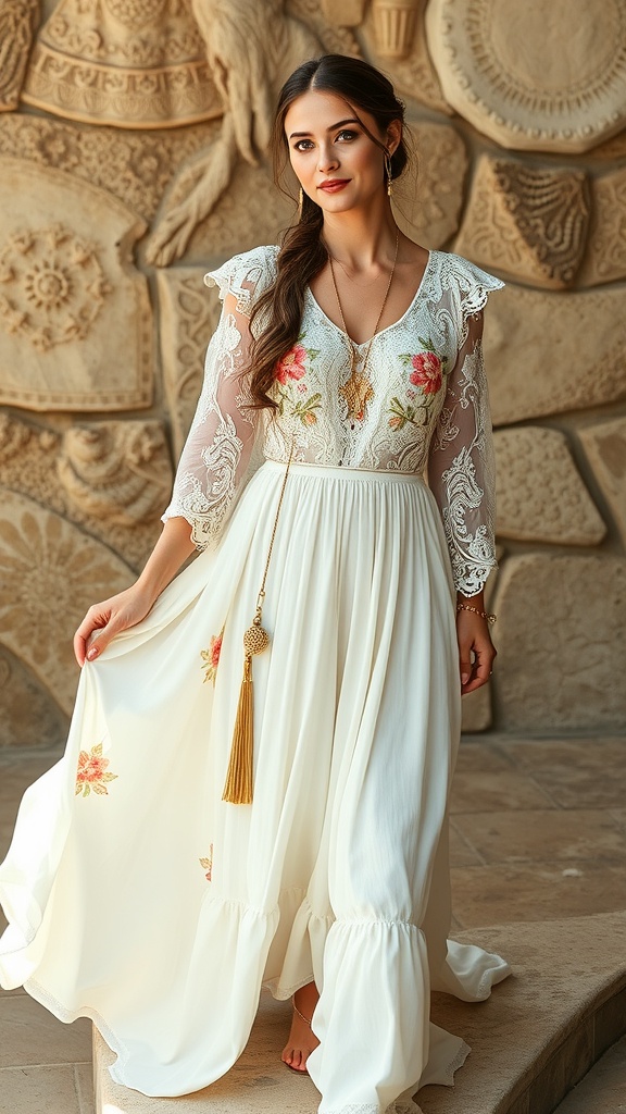 A woman in a floral print dress with flowing sleeves stands in a vineyard at sunset.