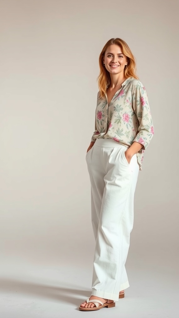 A woman wearing a floral print long sleeve blouse with linen pants, smiling and posing casually.