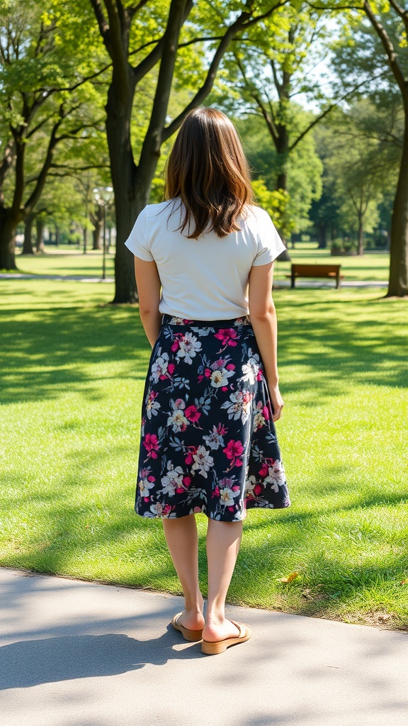 A woman wearing a floral knee-length skirt and a white t-shirt, standing in a park