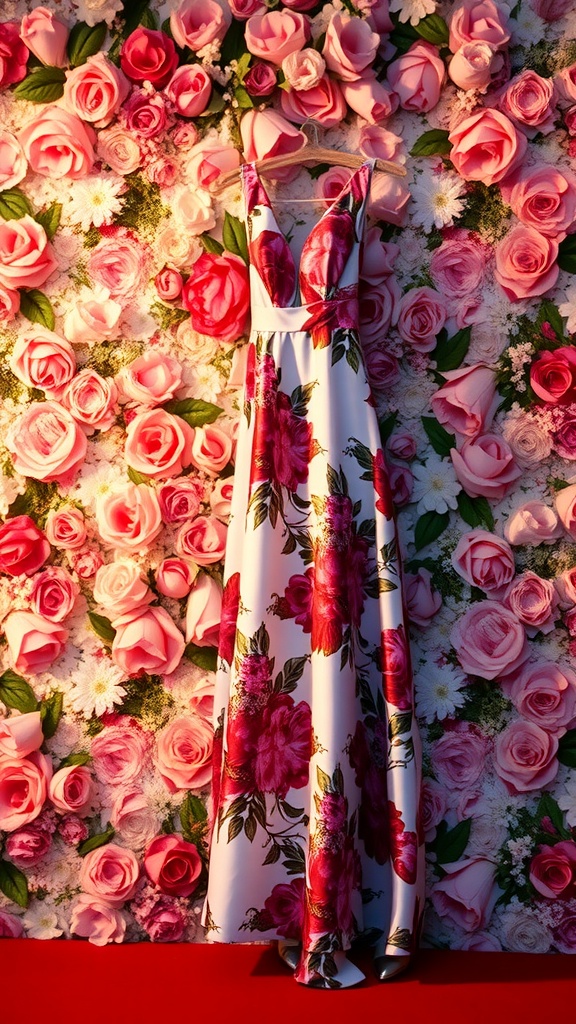 A floral print dress hanging against a wall of pink roses