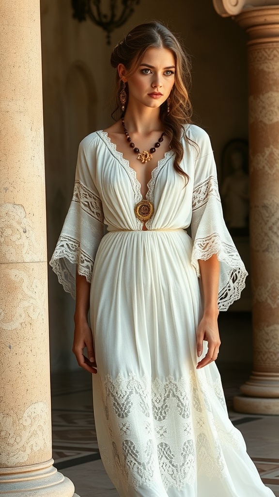 A woman wearing a flowing white chiton with gold accents, walking gracefully among ancient columns.