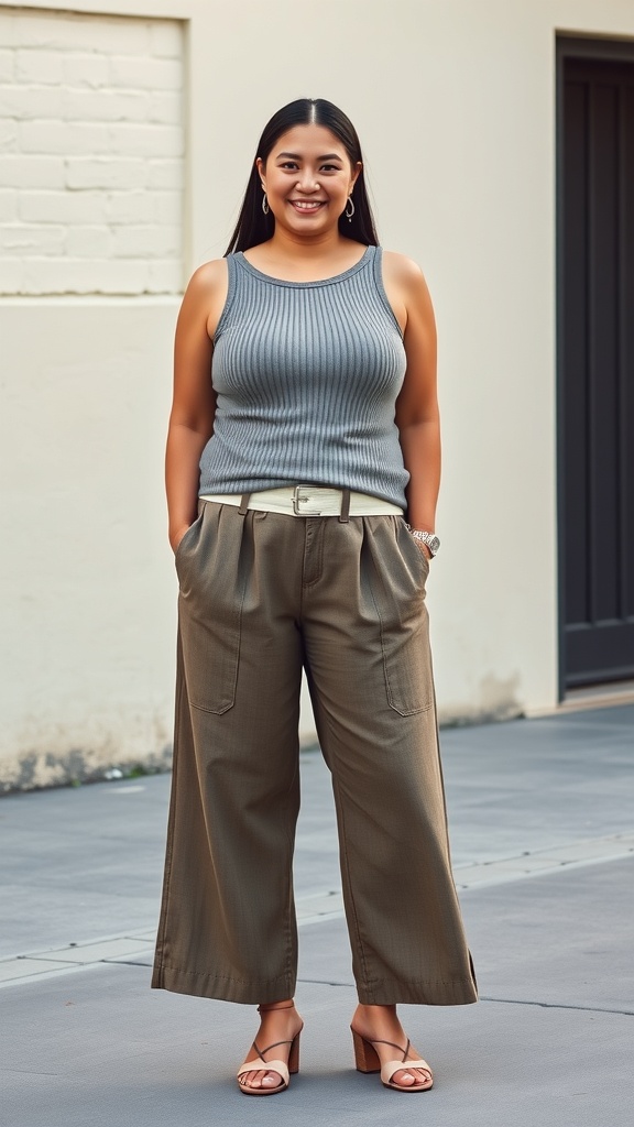 A smiling woman wearing a fitted gray tank top and flowy olive culottes, standing confidently outdoors.