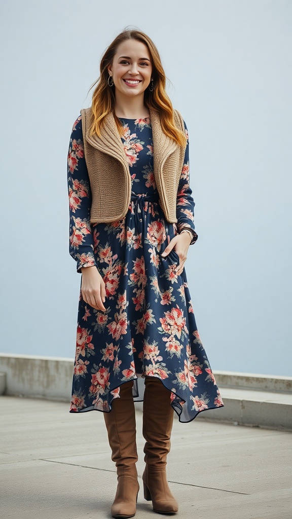 A woman wearing a floral flowy dress with over-the-knee boots and a cozy vest, smiling against a light background.