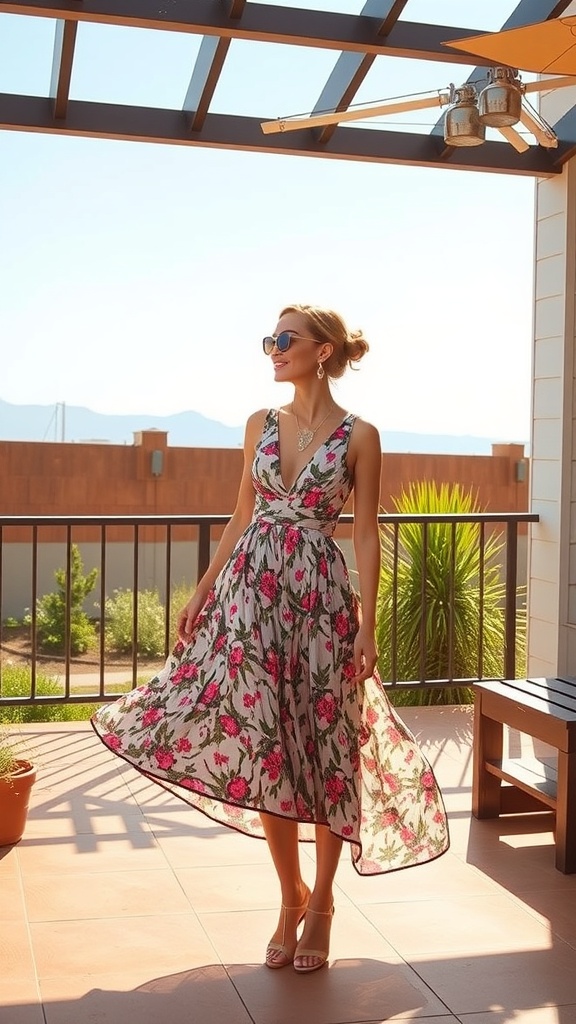 A woman in a flowy midi dress with floral patterns, standing on a balcony, showcasing a polished summer interview outfit.