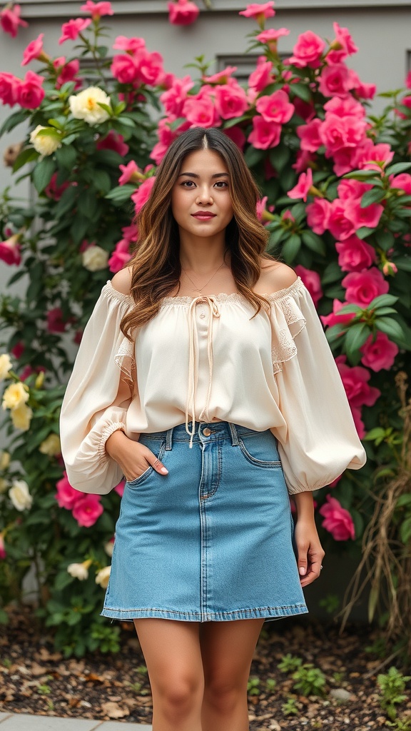 A woman wearing a flowy off-the-shoulder blouse and denim skirt, standing in front of blooming flowers.