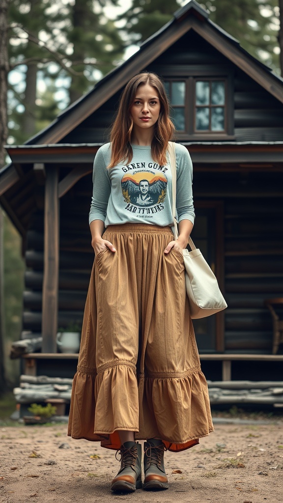 A woman wearing a flowy skirt and graphic tee, standing in front of a cabin in the woods.