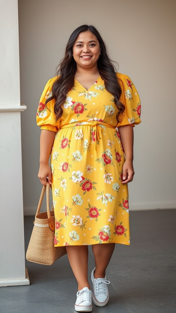 A midsize girl wearing a yellow floral sundress with puff sleeves, smiling and holding a woven bag.