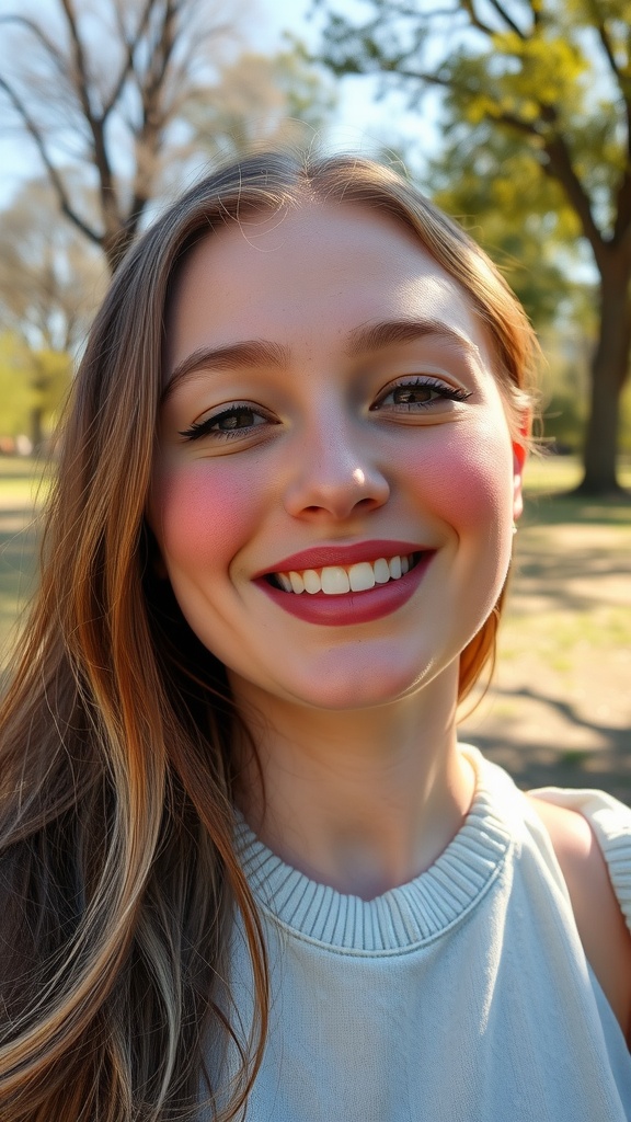 A young woman smiling with flushed lips and a natural makeup look in a sunny outdoor setting.