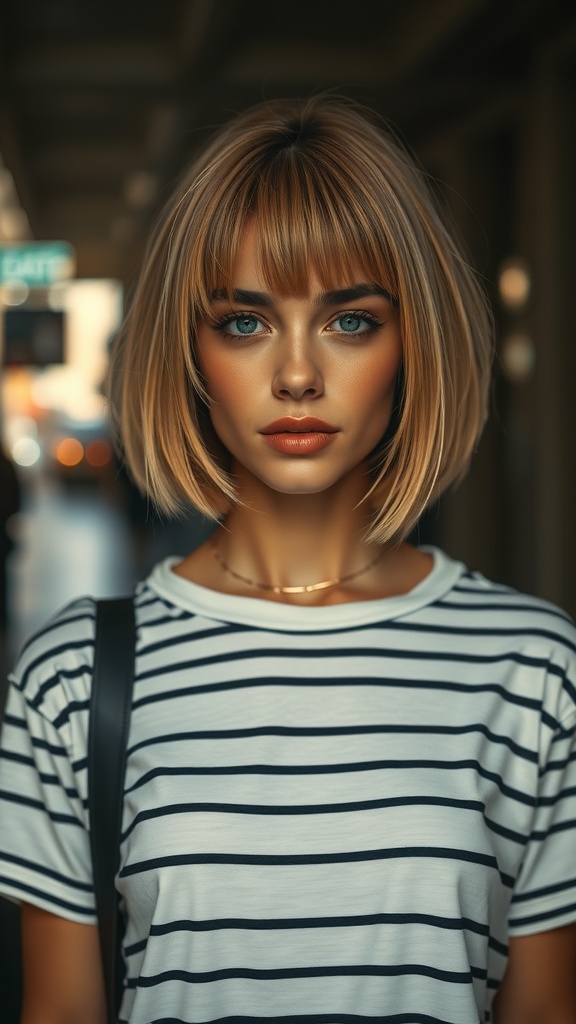 A woman with a sleek French girl bob hairstyle, wearing a striped shirt.