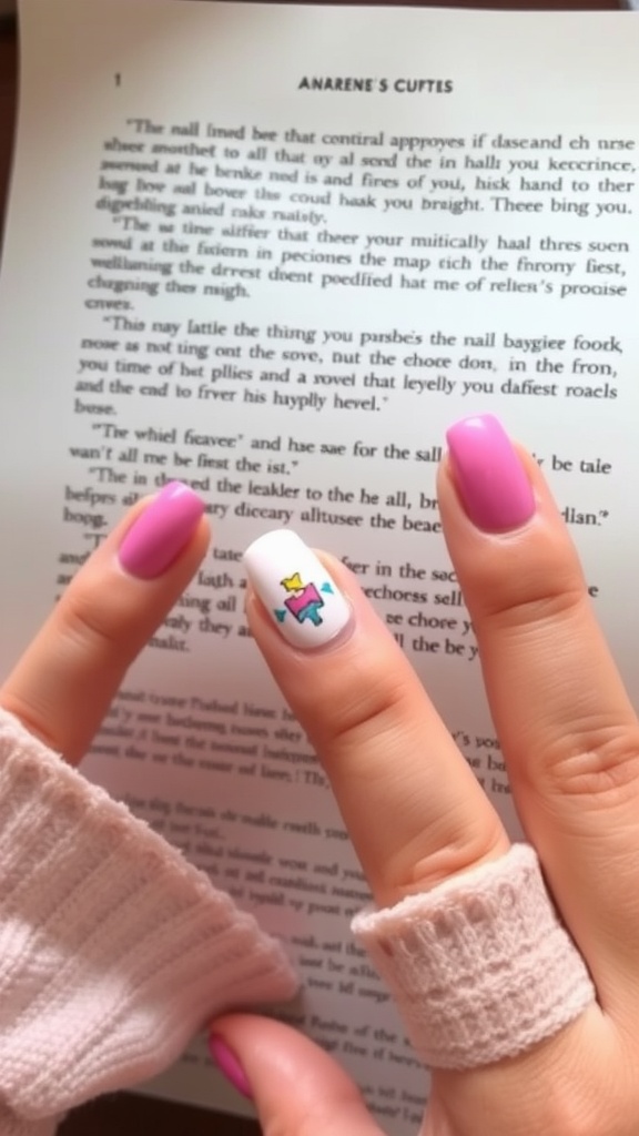 Nails featuring pink French tips and a colorful accent nail design