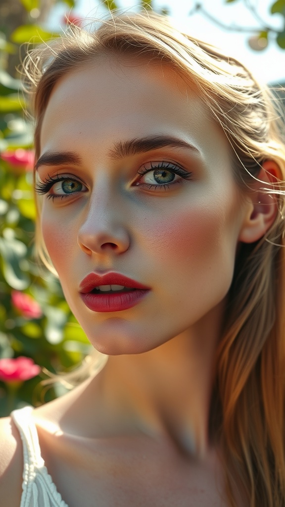 A close-up of a woman with a fresh-faced look and dewy finish, showcasing soft summer makeup.