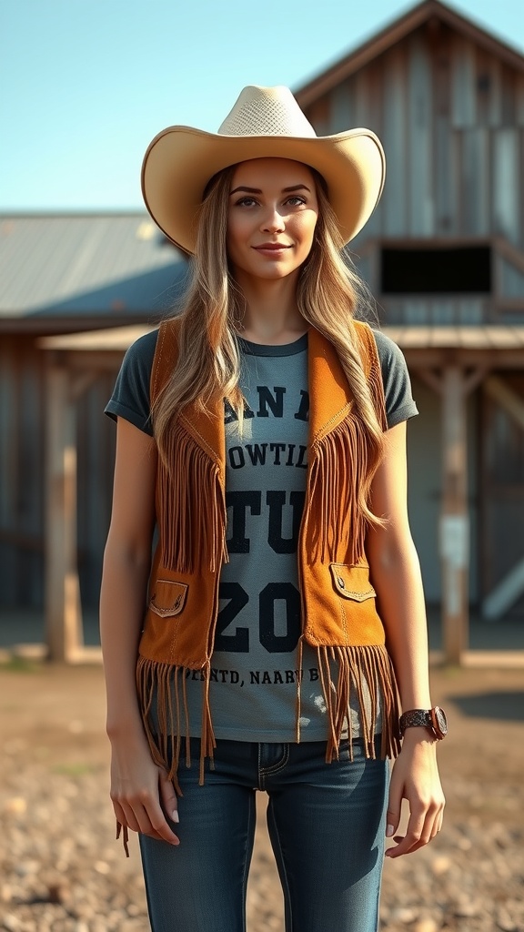 A woman wearing a fringed suede vest over a graphic tee, paired with denim jeans and a cowboy hat.