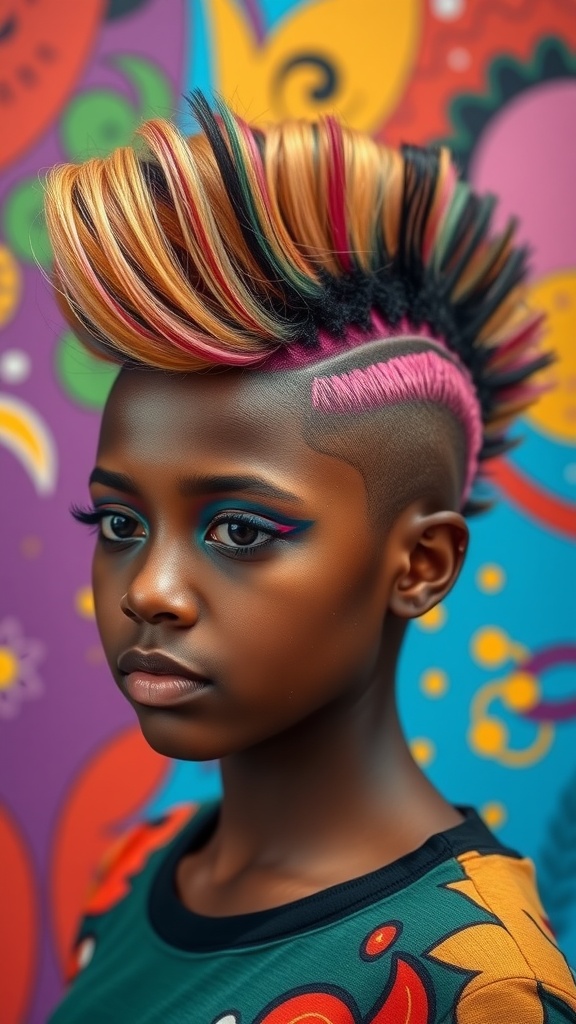 A frohawk hairstyle with vibrant red, orange, and yellow highlights against a pink background.