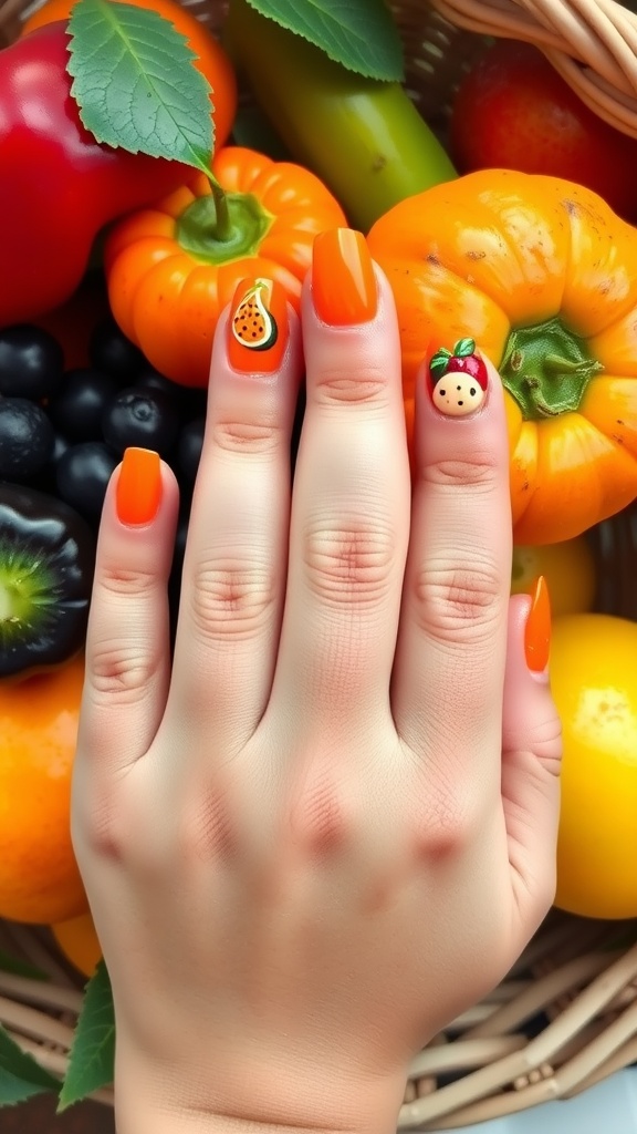 A hand with bright orange nails featuring fruit designs, surrounded by colorful fruits.
