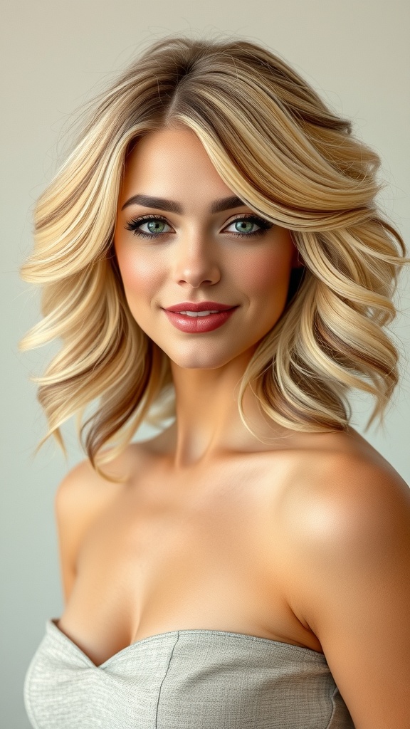 A woman with blonde hair styled in a full blowout, featuring hidden brown highlights.