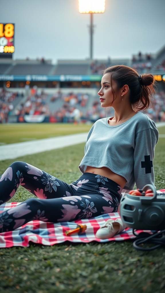 A woman sitting on a picnic blanket at a football game, wearing funky printed leggings and a cropped sweatshirt.