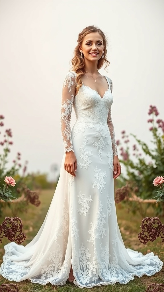A bride wearing a garden-inspired floral lace gown with long sleeves, standing in a garden setting.