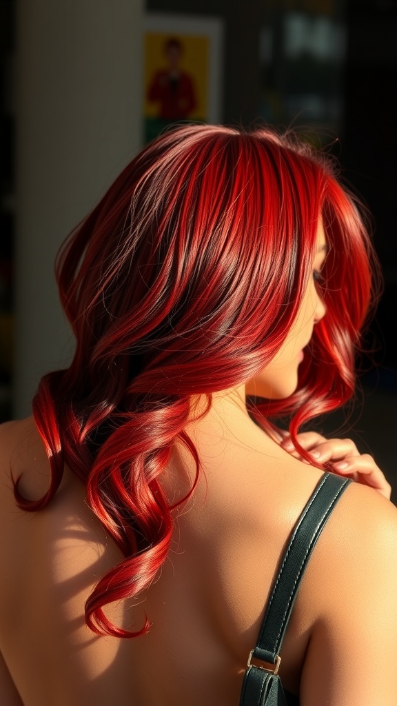 A woman with garnet red shimmering hair styled in soft waves, showcasing a bold hair color transformation.