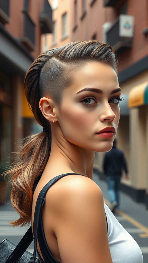 A young person with slicked back hair, showcasing a modern take on the 90s bombshell hairstyle.