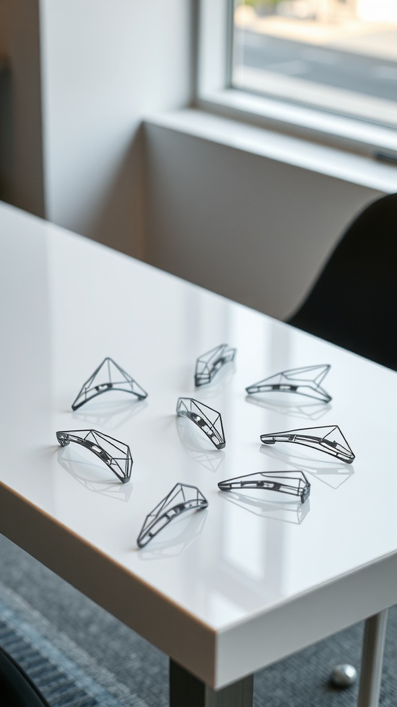 A collection of geometric hair clips displayed on a table