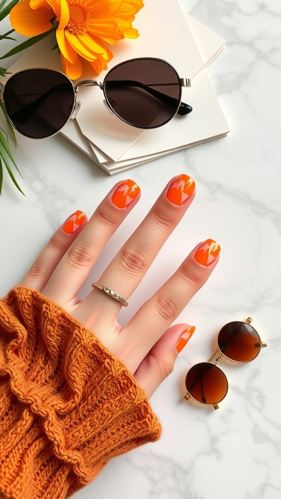 A hand with geometric orange patterned nails, wearing a cozy orange sweater, with sunglasses and a flower in the background.