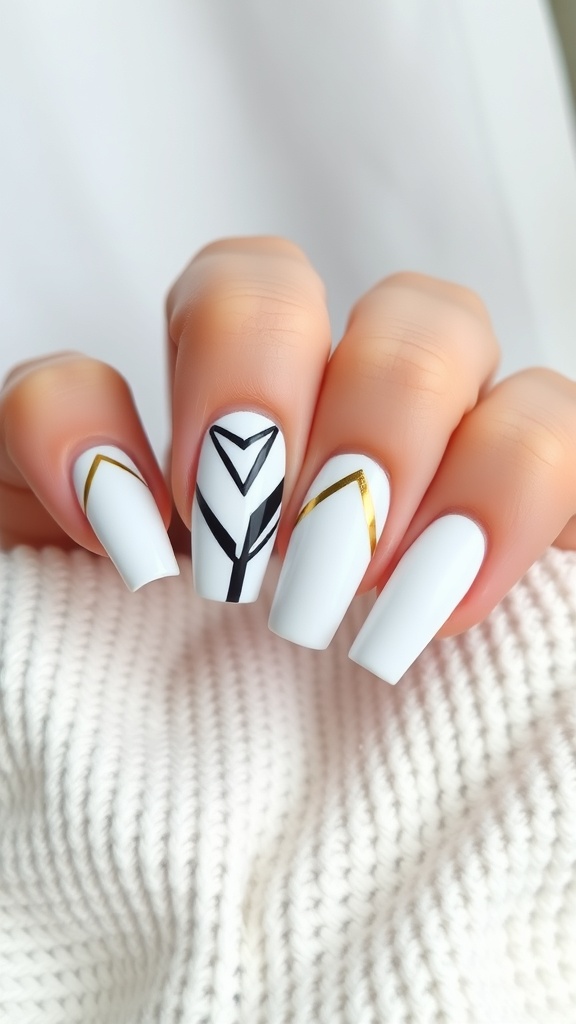 White French nails with geometric patterns in black and gold