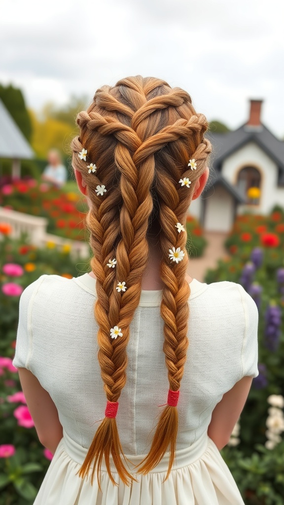 A girl with ginger hair styled in two braids, decorated with small white flowers, standing in a colorful garden.