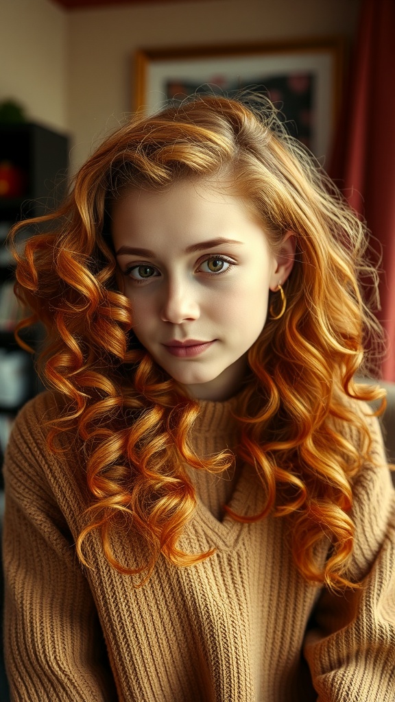 A young person with ginger curls styled in a side part, wearing a cozy sweater.