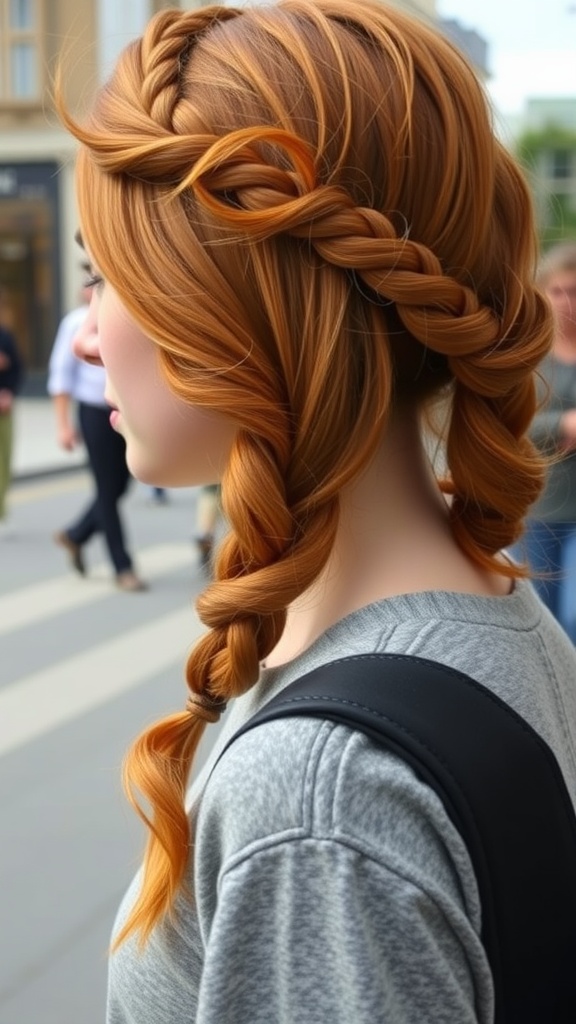 A woman with ginger hair styled in a headband braid, showcasing the vibrant color and intricate braiding.